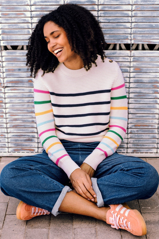Rebecca Jumper - Off-white/navy, Classic Stripe Rainbow Sleeves