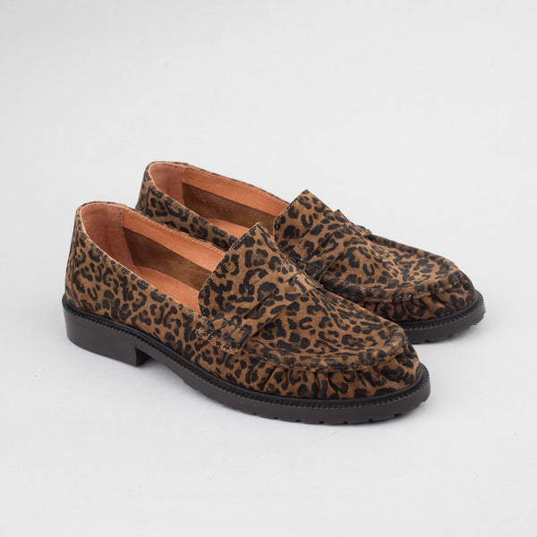 Suede leopard print penny loafers.