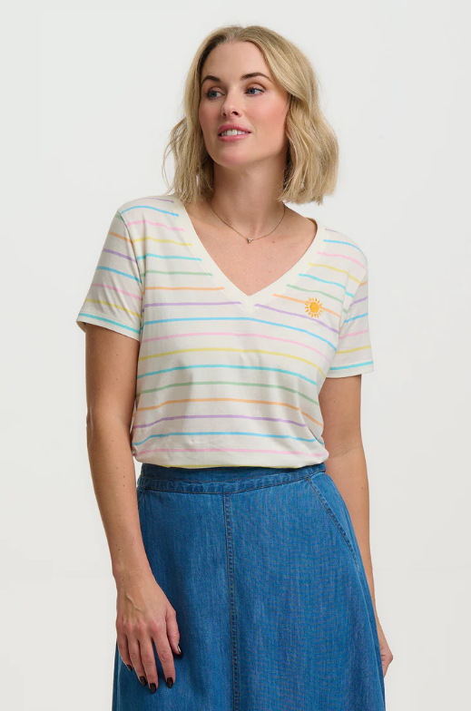 Cream V-neck T-shirt with multicolour pastel stripes and small sun motif on the chest
