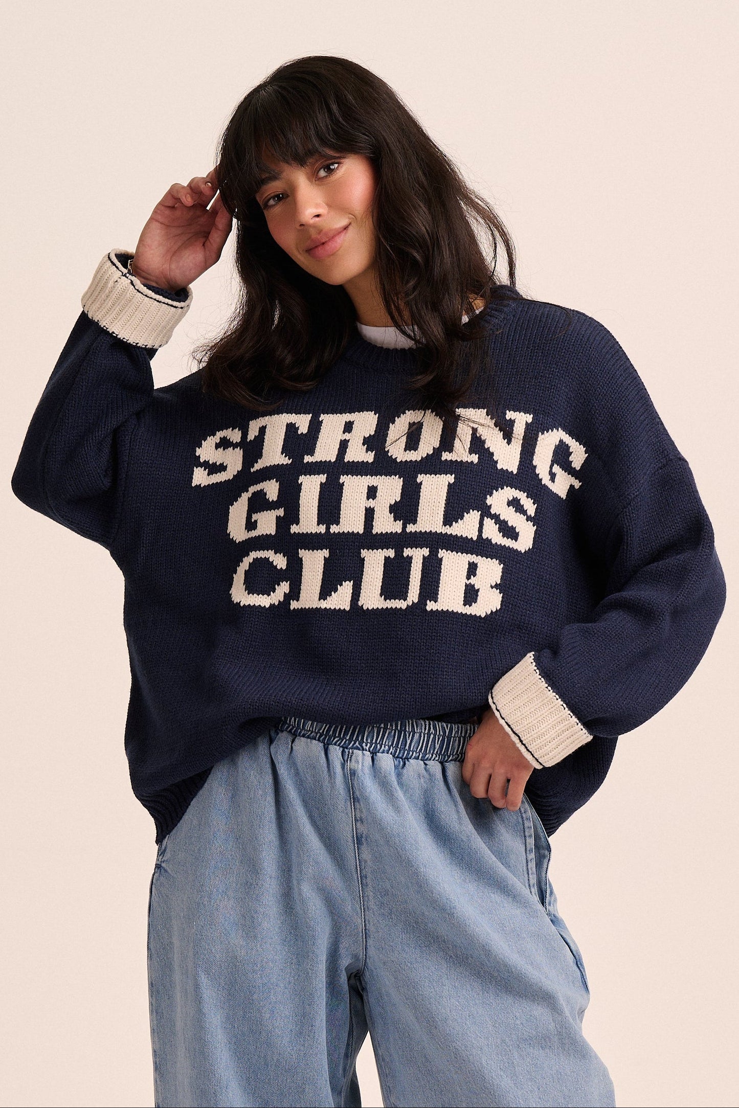 Navy strong girls club jumper.