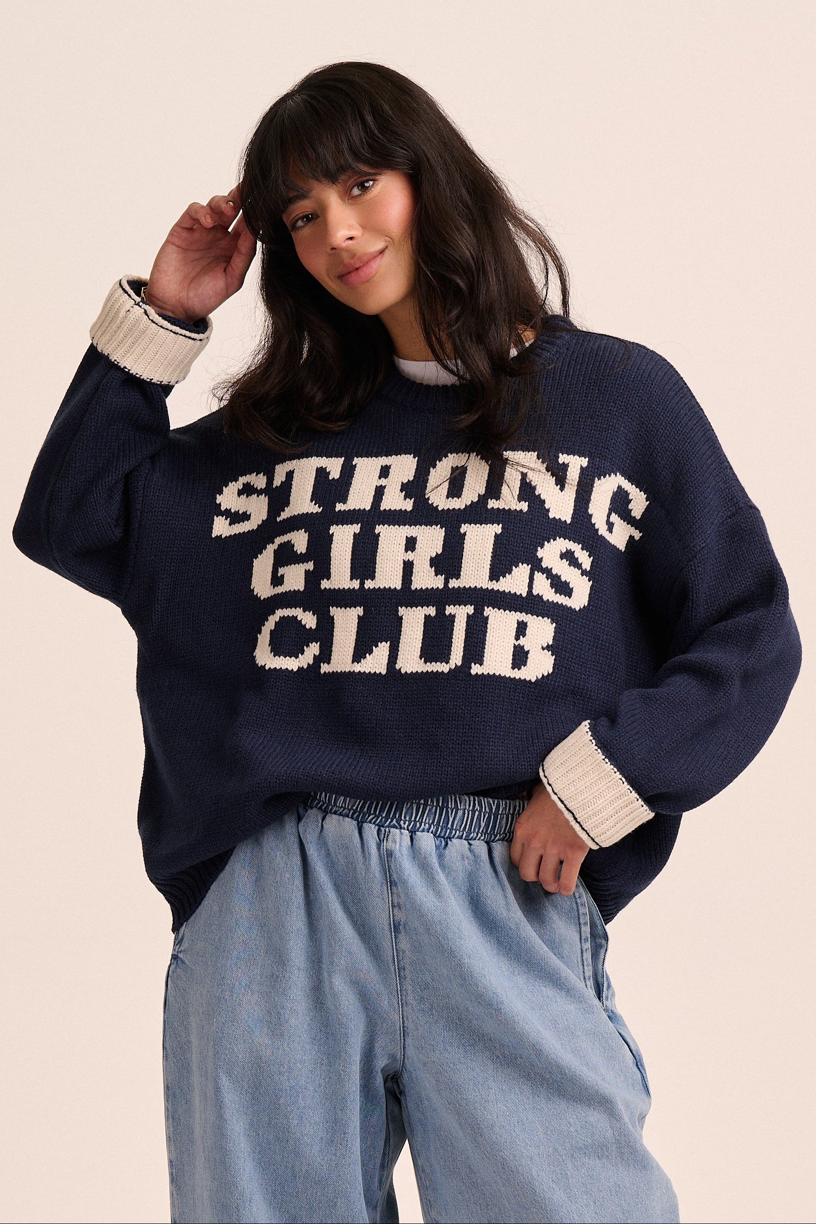 Navy strong girls club jumper.