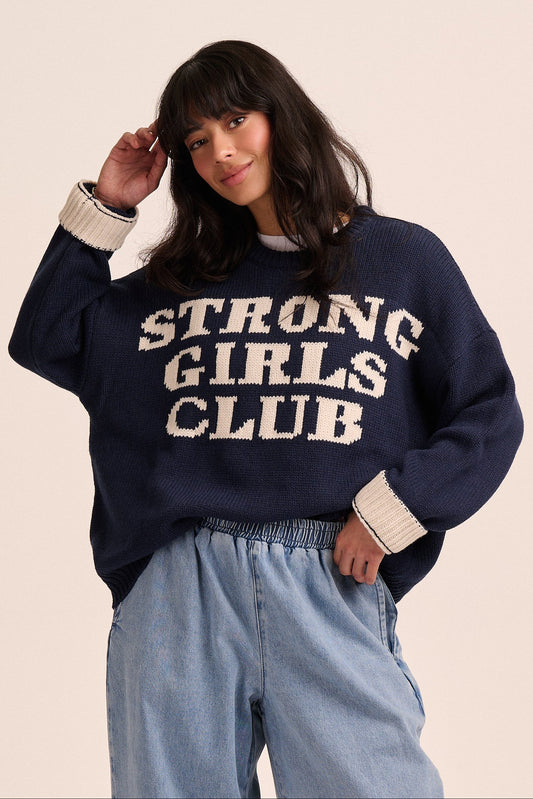 Navy strong girls club jumper.