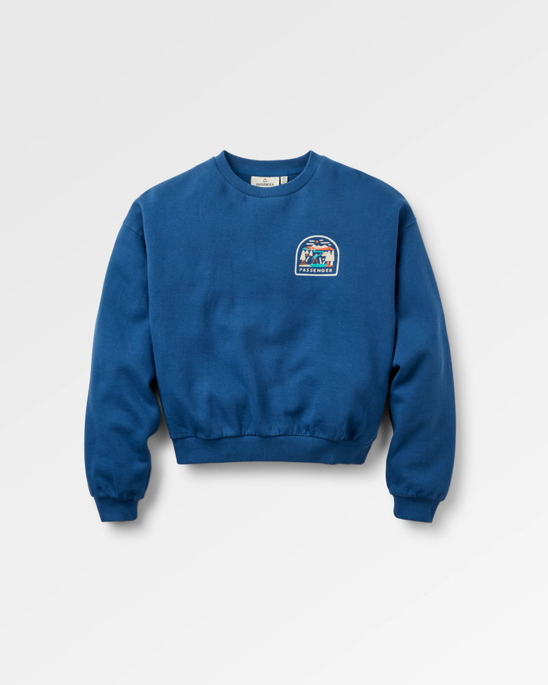 Blue sweatshirt with PASSENGER logo.