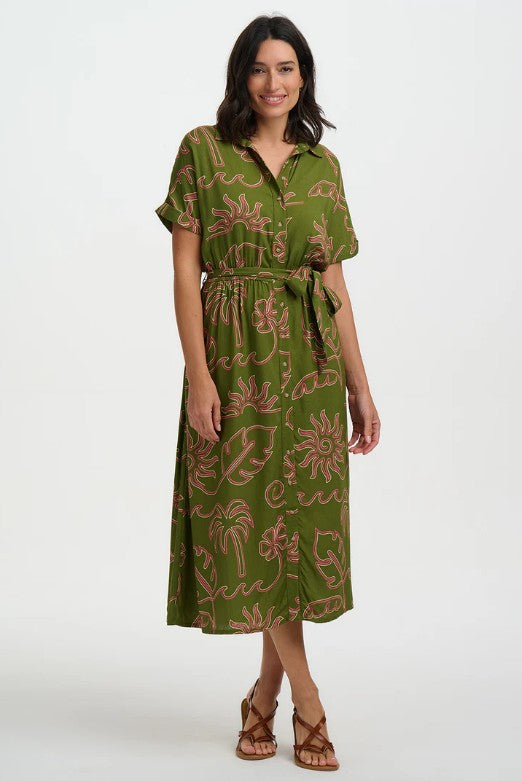 Rich khaki green shirt dress with line drawing leaf pattern.