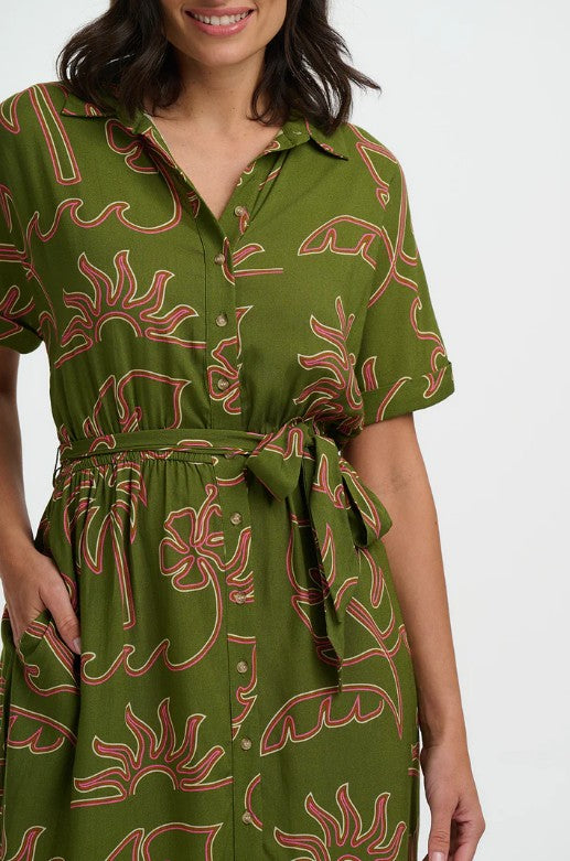Leigh Midi Shirt Dress - Khaki, Tropical Line Drawing
