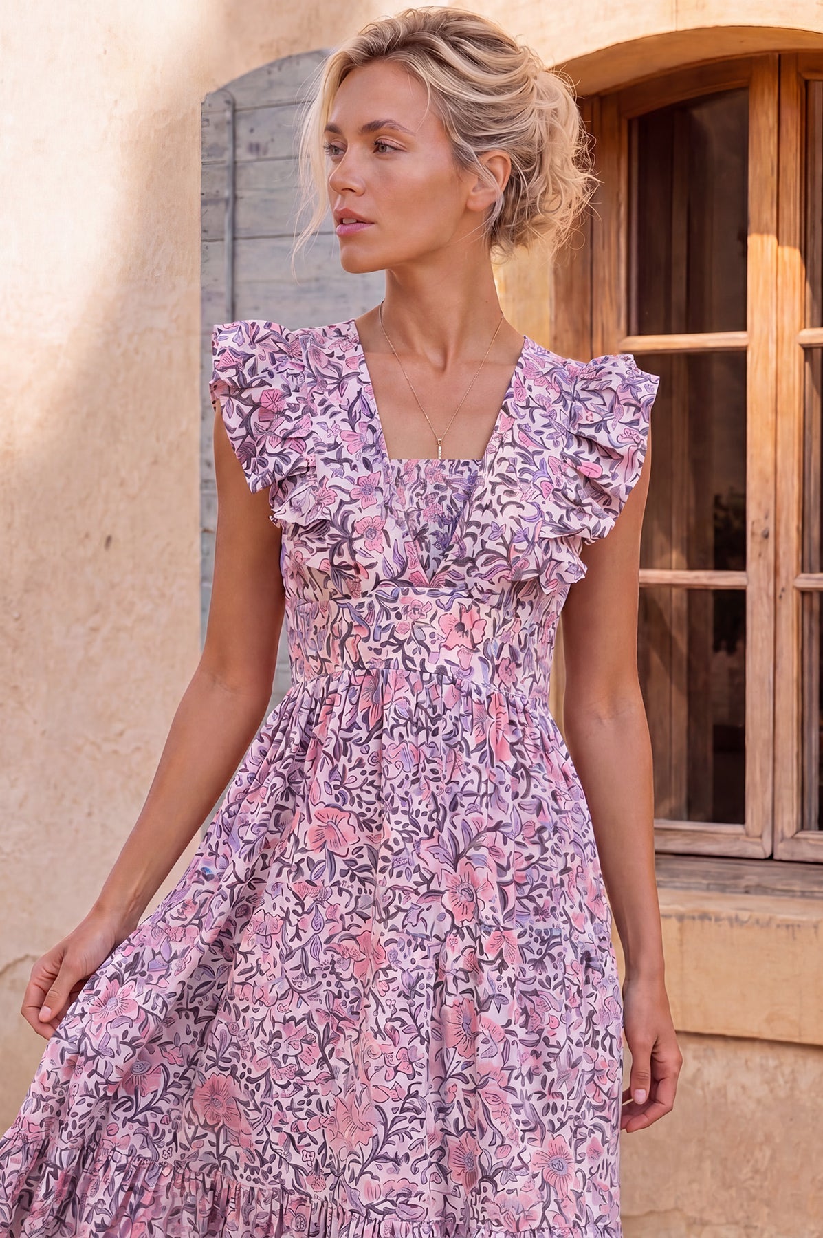 V Neck Rose Maxi Dress - White/Green/Pink