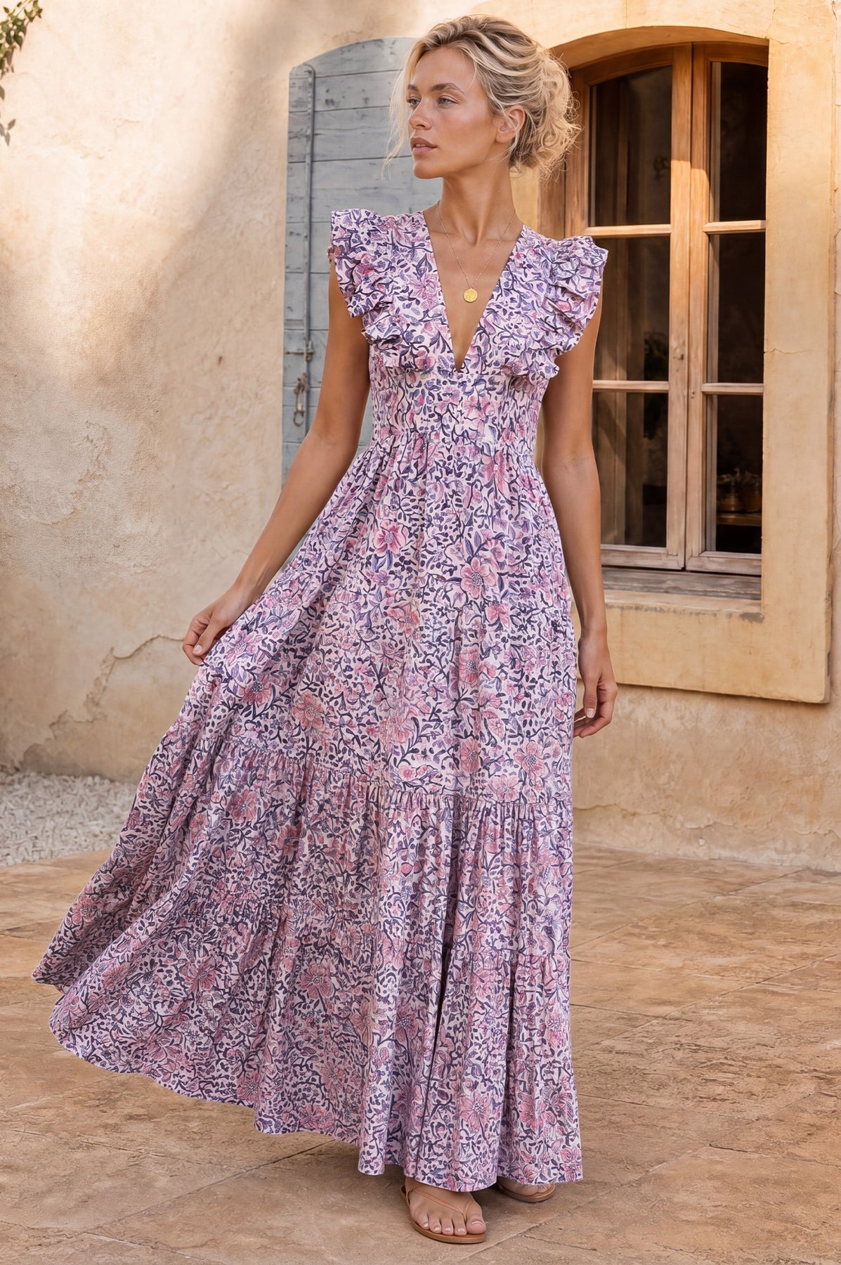 V Neck Rose Maxi Dress - White/Green/Pink