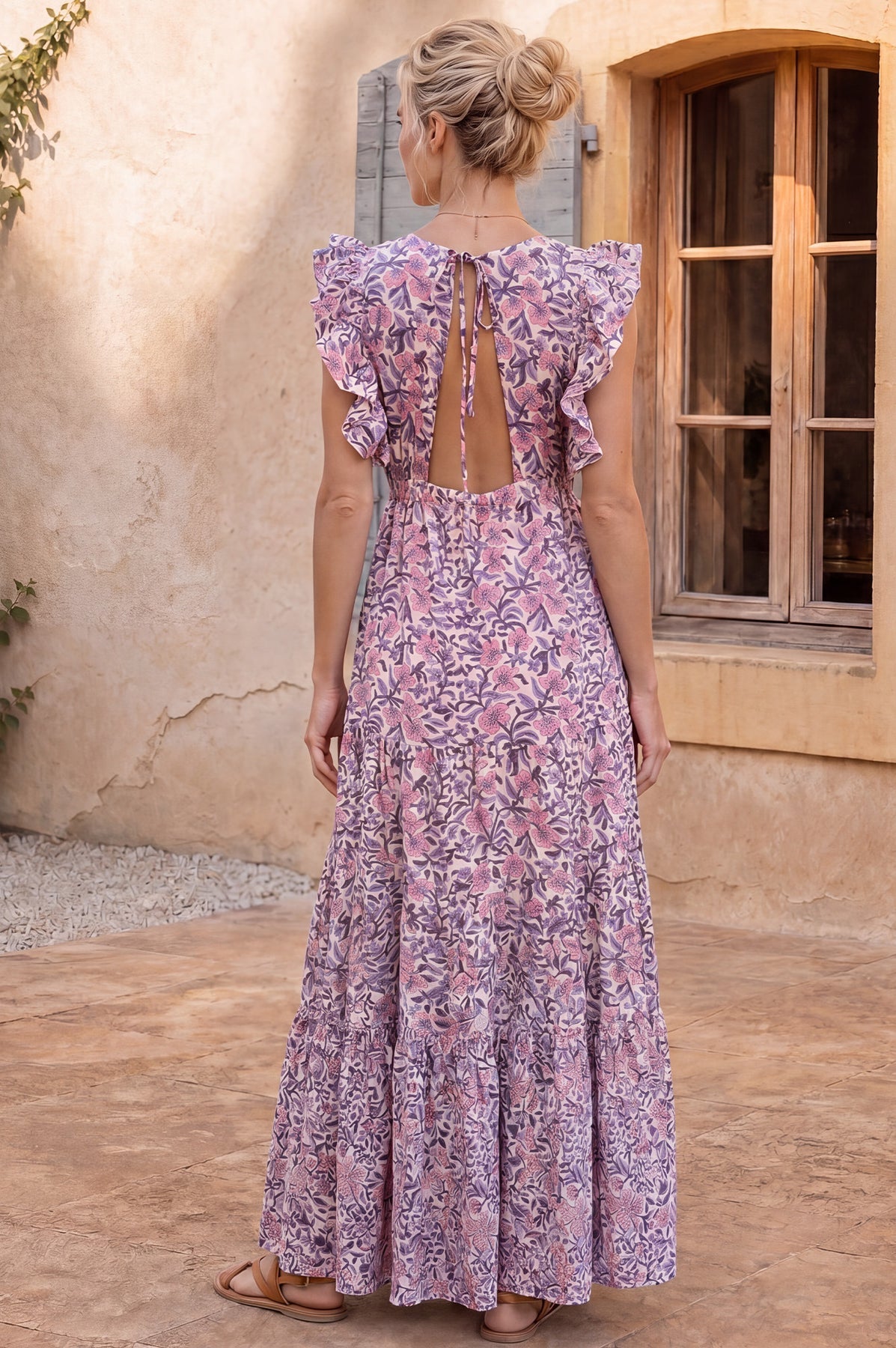 V Neck Rose Maxi Dress - White/Green/Pink