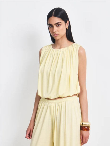 Lemon tencel vest with gathered neckline.