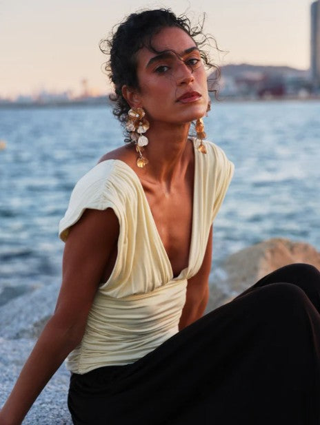 Soft lemon draped top