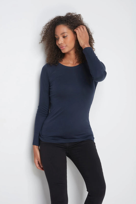 Long Sleeve Crew Neck Cotton Modal Blend T-shirt Navy