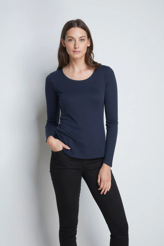 Long Sleeve Scoop Neck Cotton Modal Blend T-shirt Navy