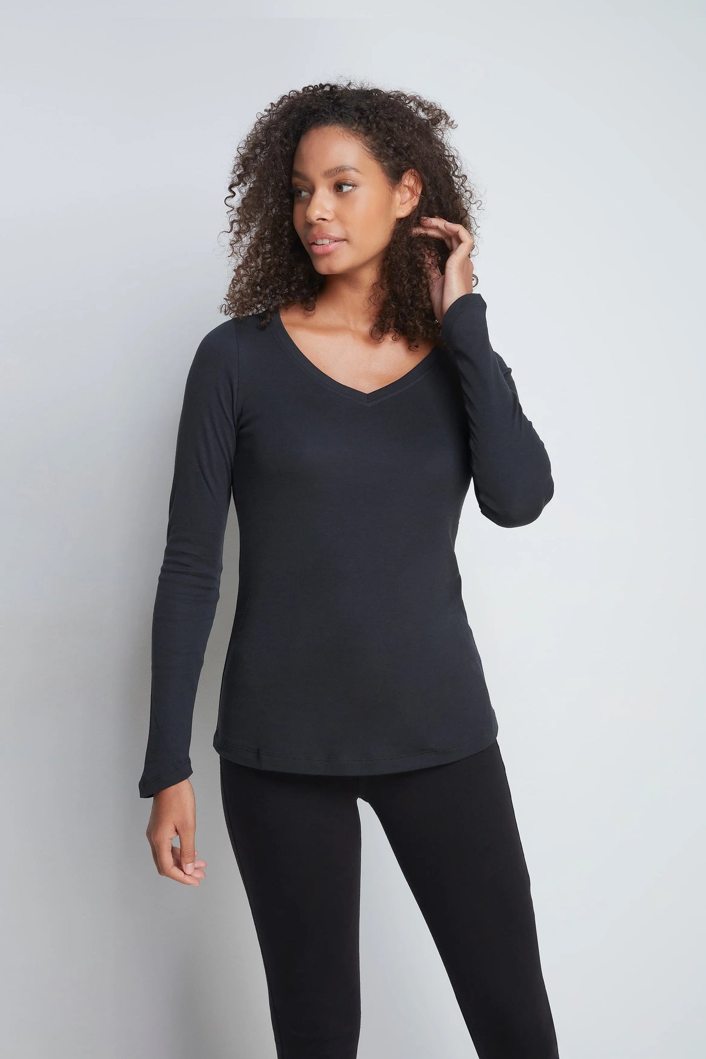 Long Sleeve V Neck Cotton Modal Blend T-shirt Black