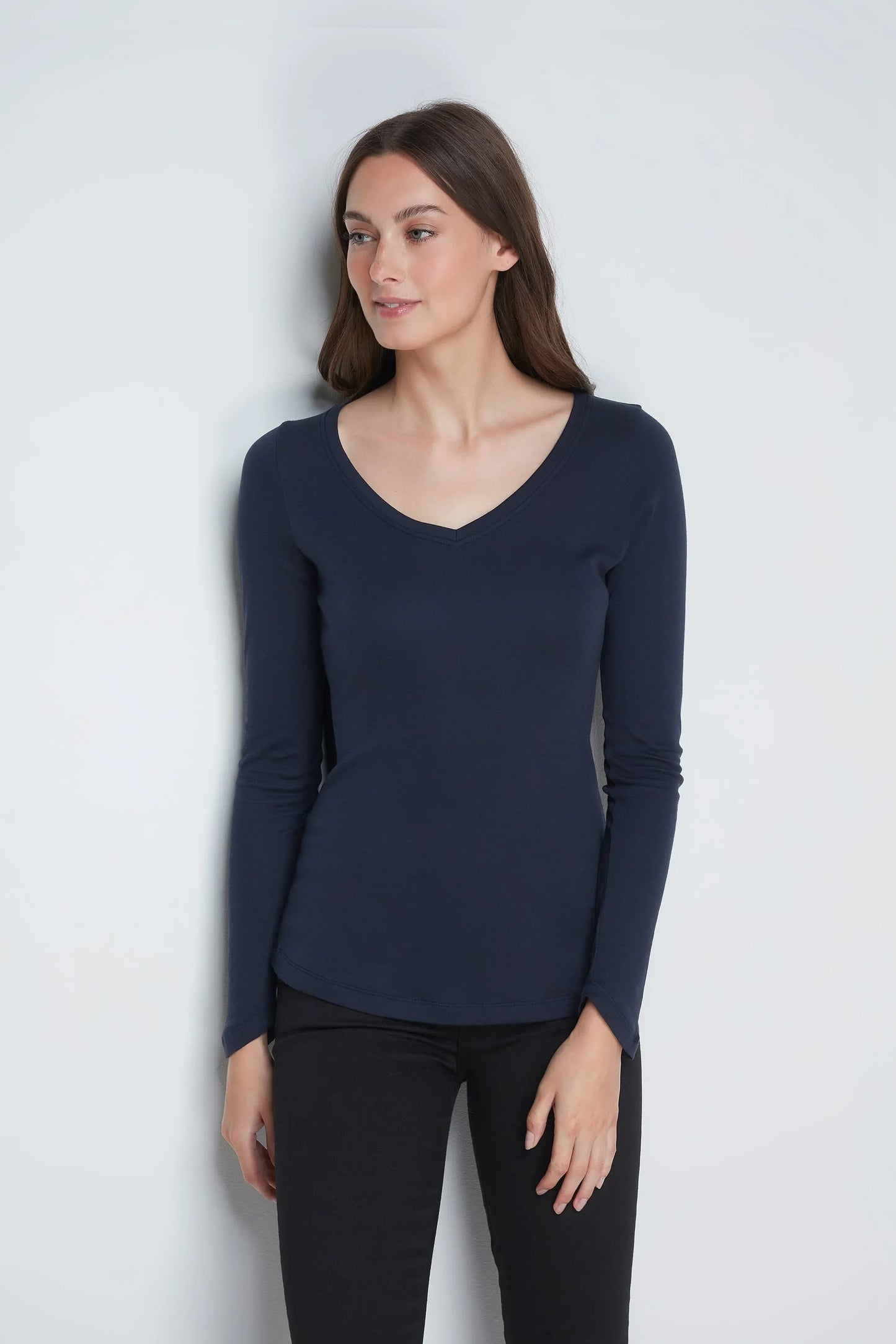 Long Sleeve V Neck Cotton Modal Blend T-shirt Navy
