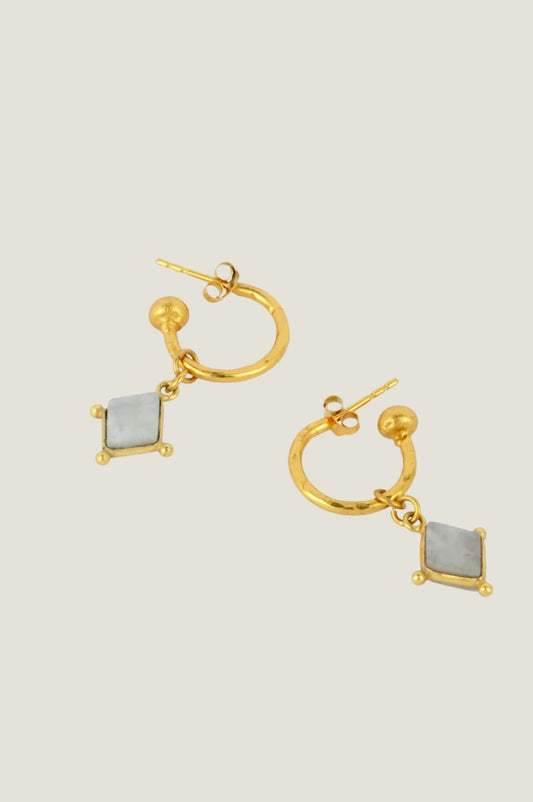 Gold hoop earrings with square pale white stone drop and small gold bead detail.