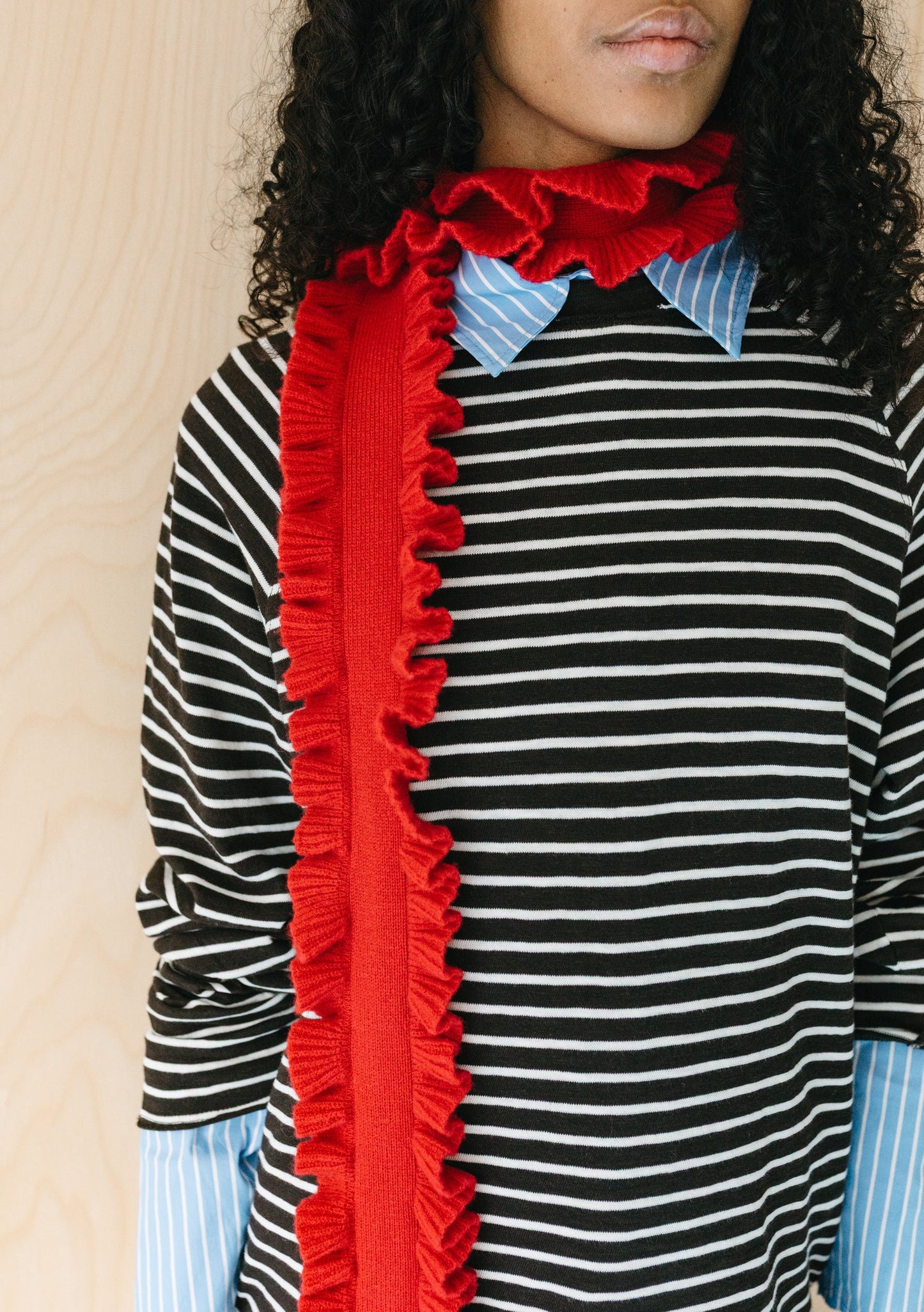 Merino Wool Skinny Scarf - Red Ruffle