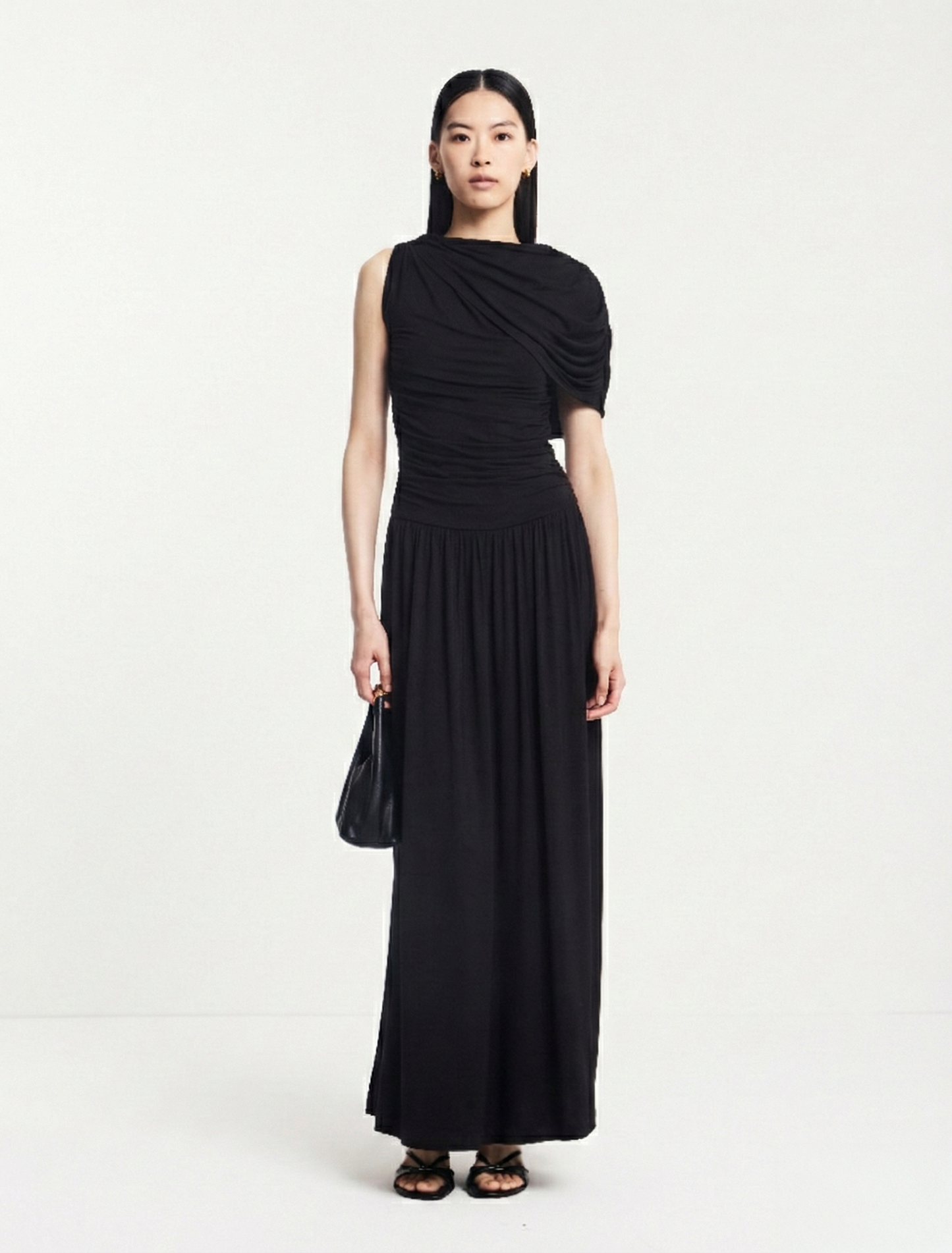 Black draped jersey maxi dress