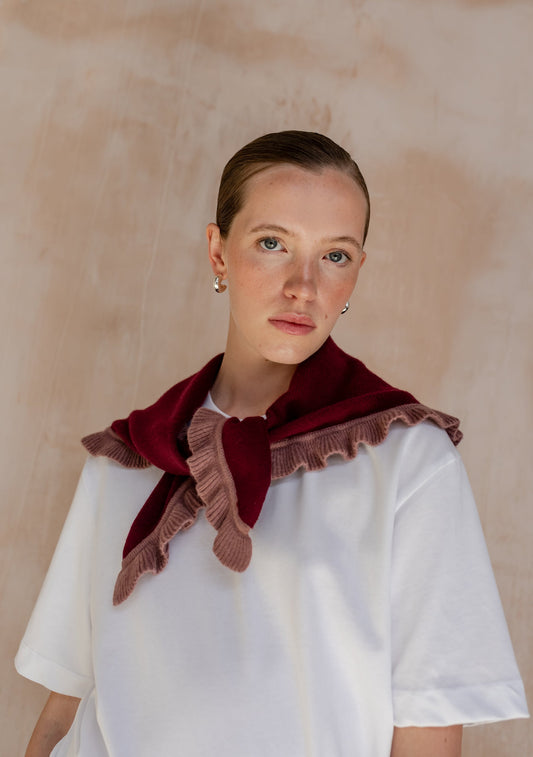 Merino Wool Triangle Scarf - Burgundy Ruffle