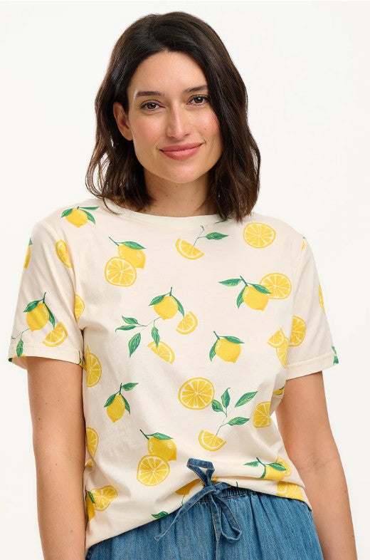 Organic cotton T-shirt with lemon pattern.