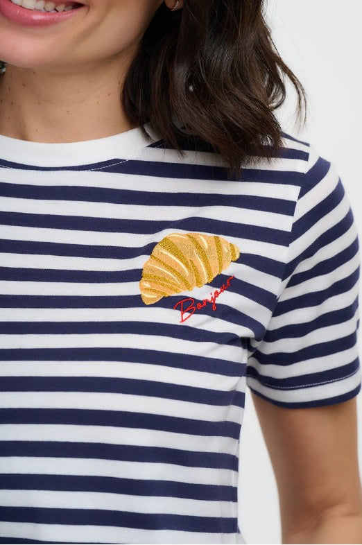 Maggie T-Shirt - Off White/Navy Stripes, Bonjour Croissant