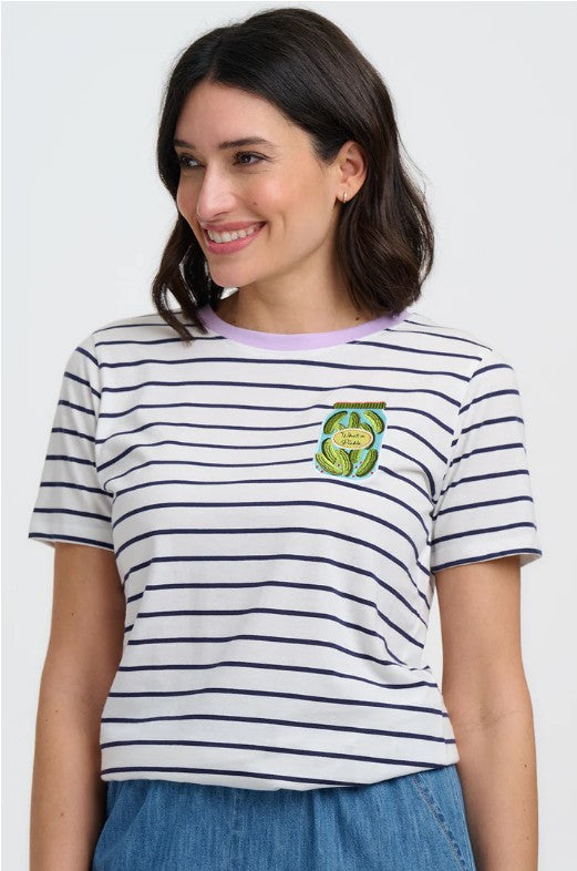 White organic cotton t-shirt with navy stripes and pickle jar motif.