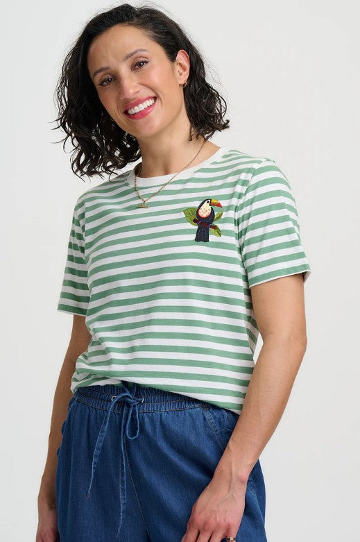 Sage green and white striped organic cotton t-shirt with embroidered toucan motif.