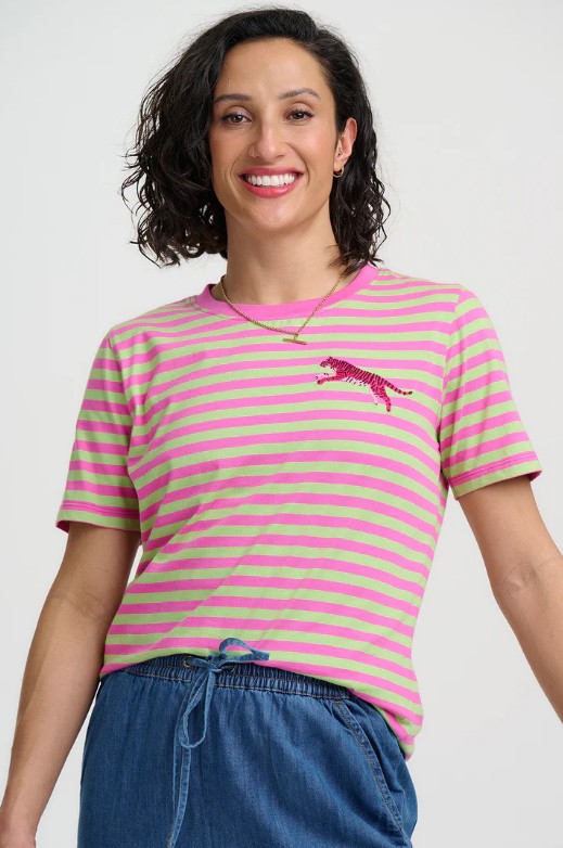 Pink and lime green striped organic cotton t-shirt with embroidered tiger motif.