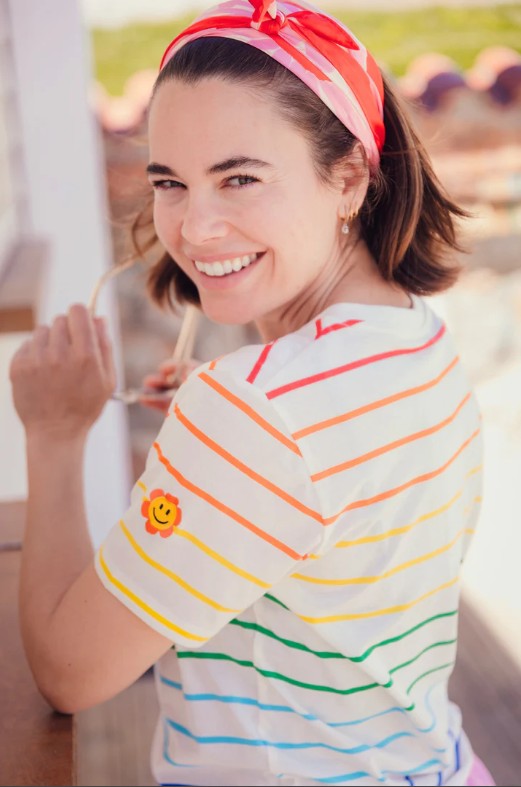 Organic cotton rainbow striped t-shirt.
