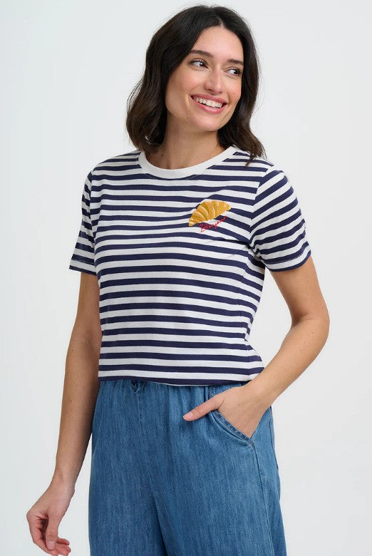 Navy and white striped organic cotton t-shirt with embroidered croissant.