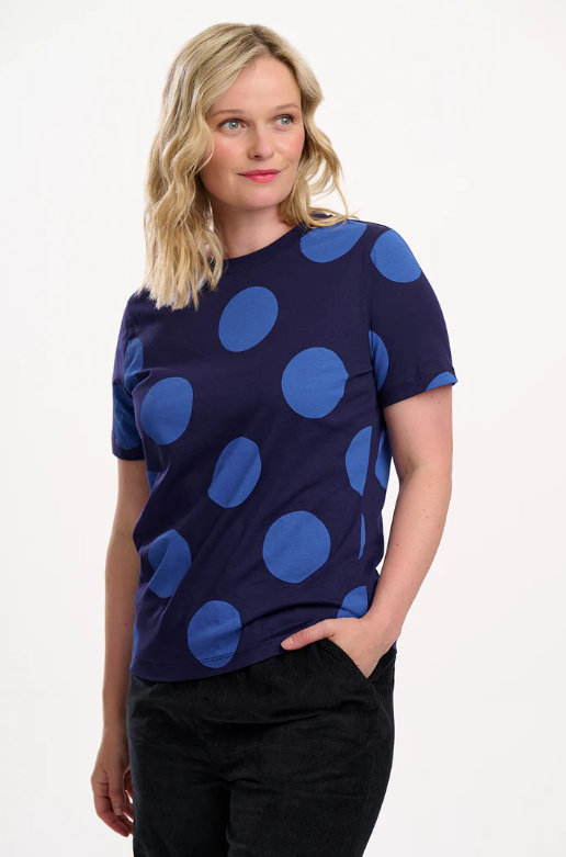 Navy 100% cotton T-shirt with large bright blue polka dots
