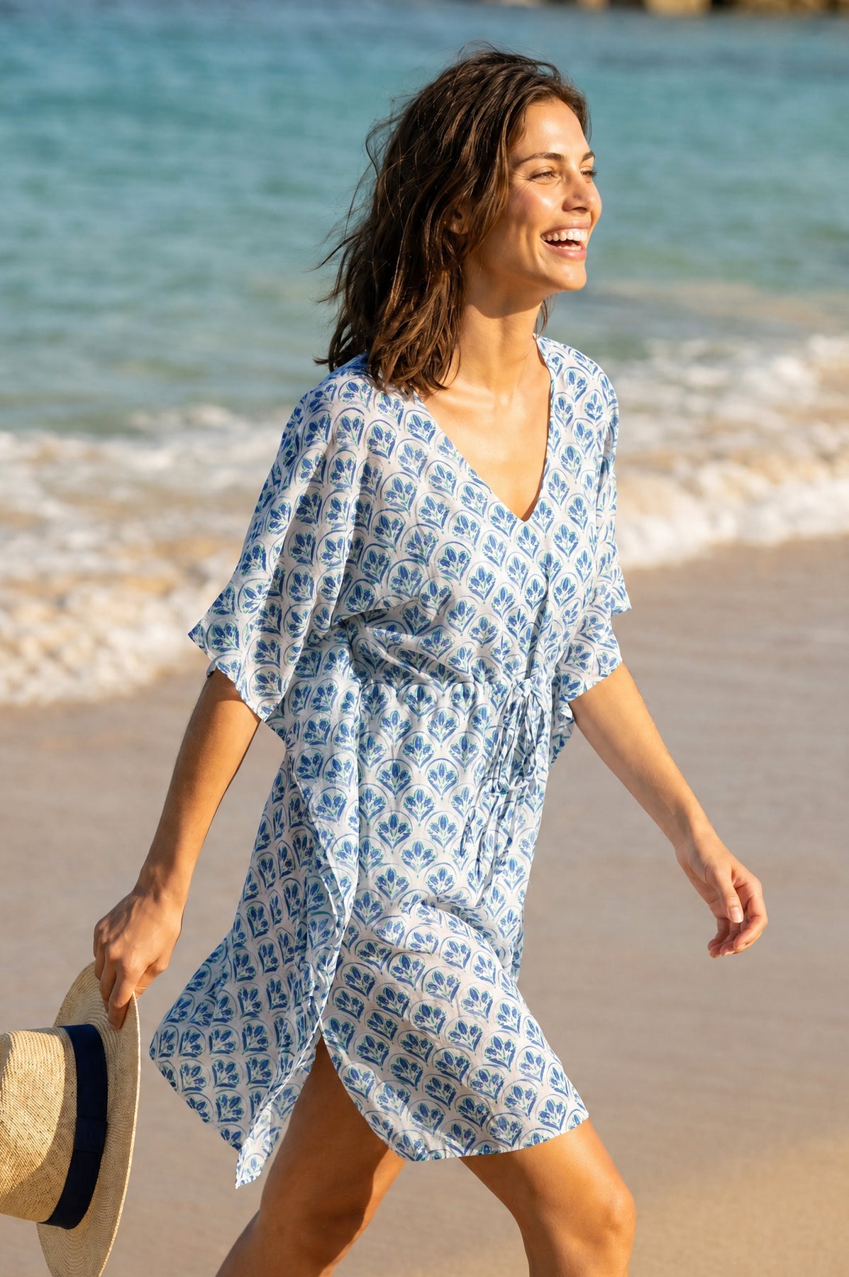 Manilla Organic Cotton Kaftan - White/Blue/Turquoise