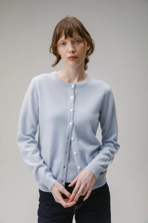 Light blue cashmere cardigan.