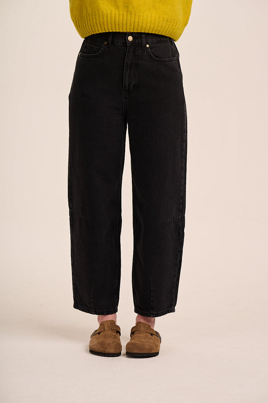 Black barrel leg denim jeans.