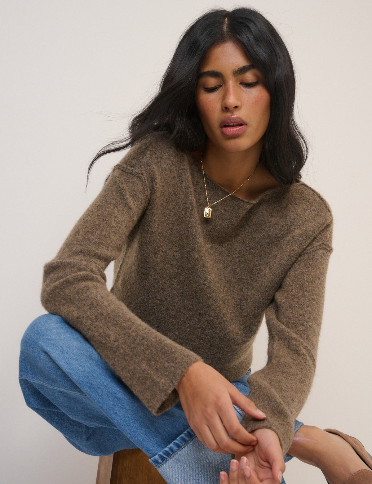 Brown Boat Neck Knitted Jumper