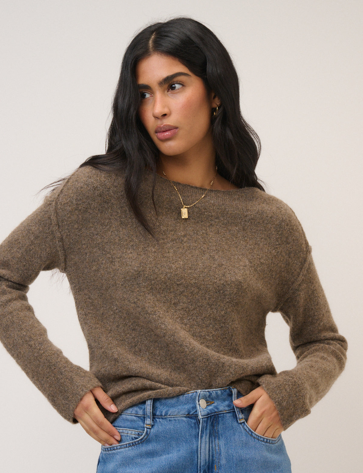 Brown Boat Neck Knitted Jumper