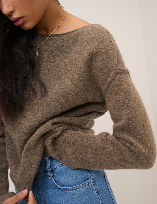Brown Boat Neck Knitted Jumper
