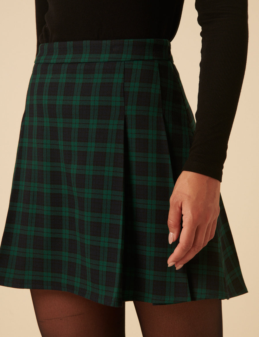 Green checked high-waisted skirt.