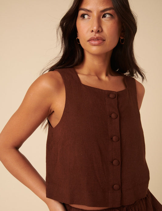 Brown linen blend vest top with buttons.