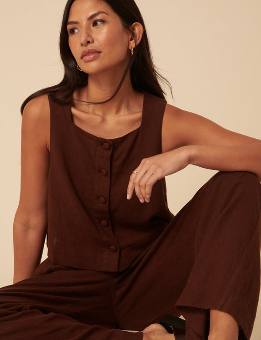 Brown Linen-Blend Button Front Top