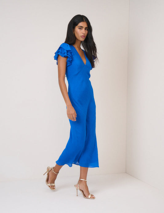 Electric blue midi dress with flutter sleeves.