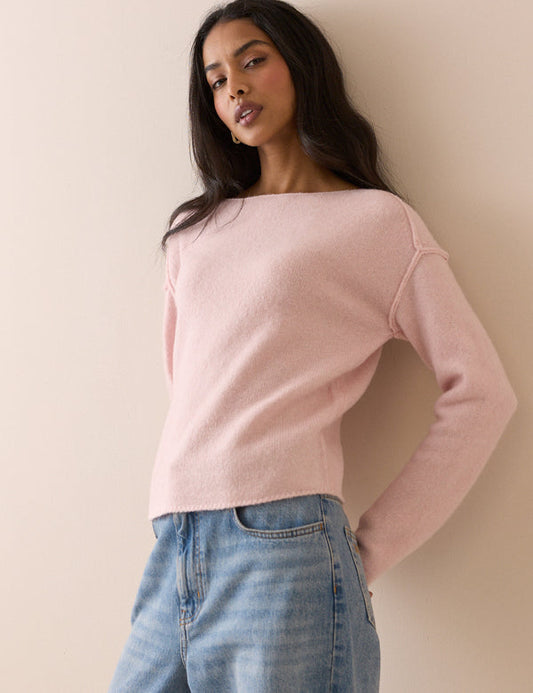 Pink Boat Neck Knitted Jumper