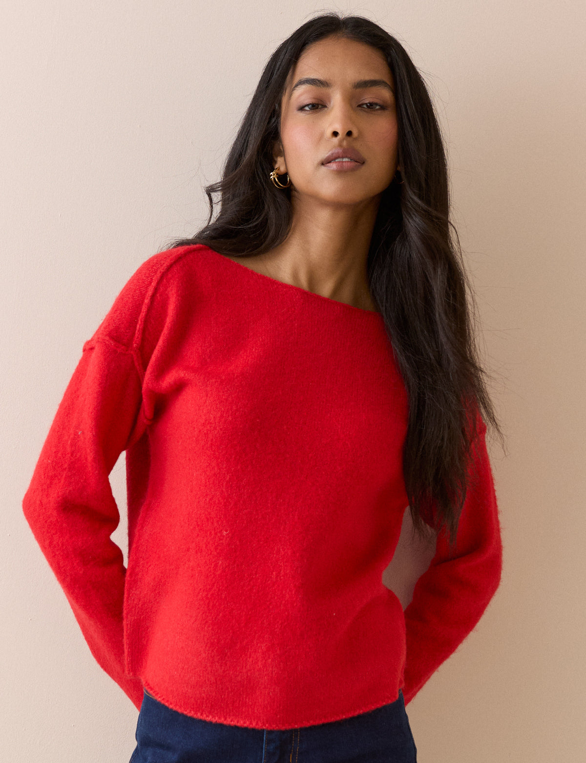 Red Boat Neck Knitted Jumper