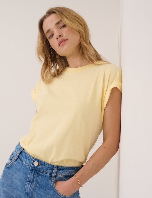 Lemon yellow organic cotton cap sleeve t-shirt.