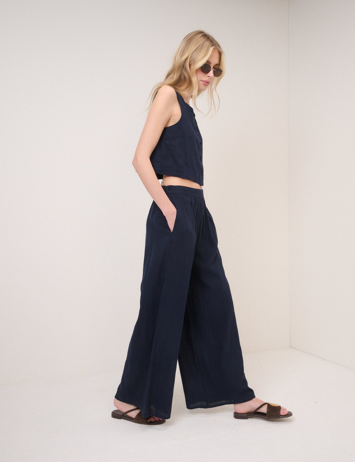 Navy Linen-Blend Wide Leg Jerrow Trousers