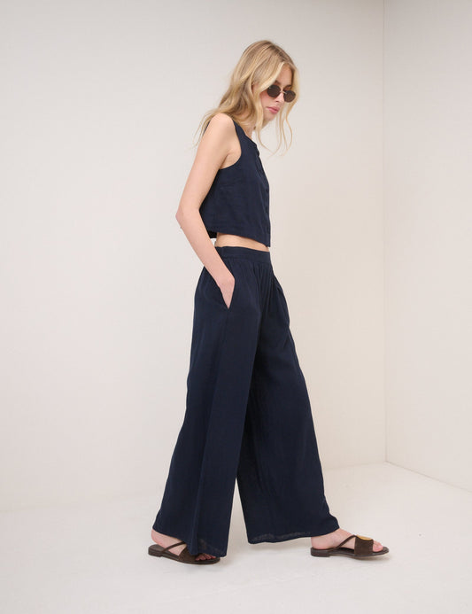 Navy Linen-Blend Wide Leg Jerrow Trousers