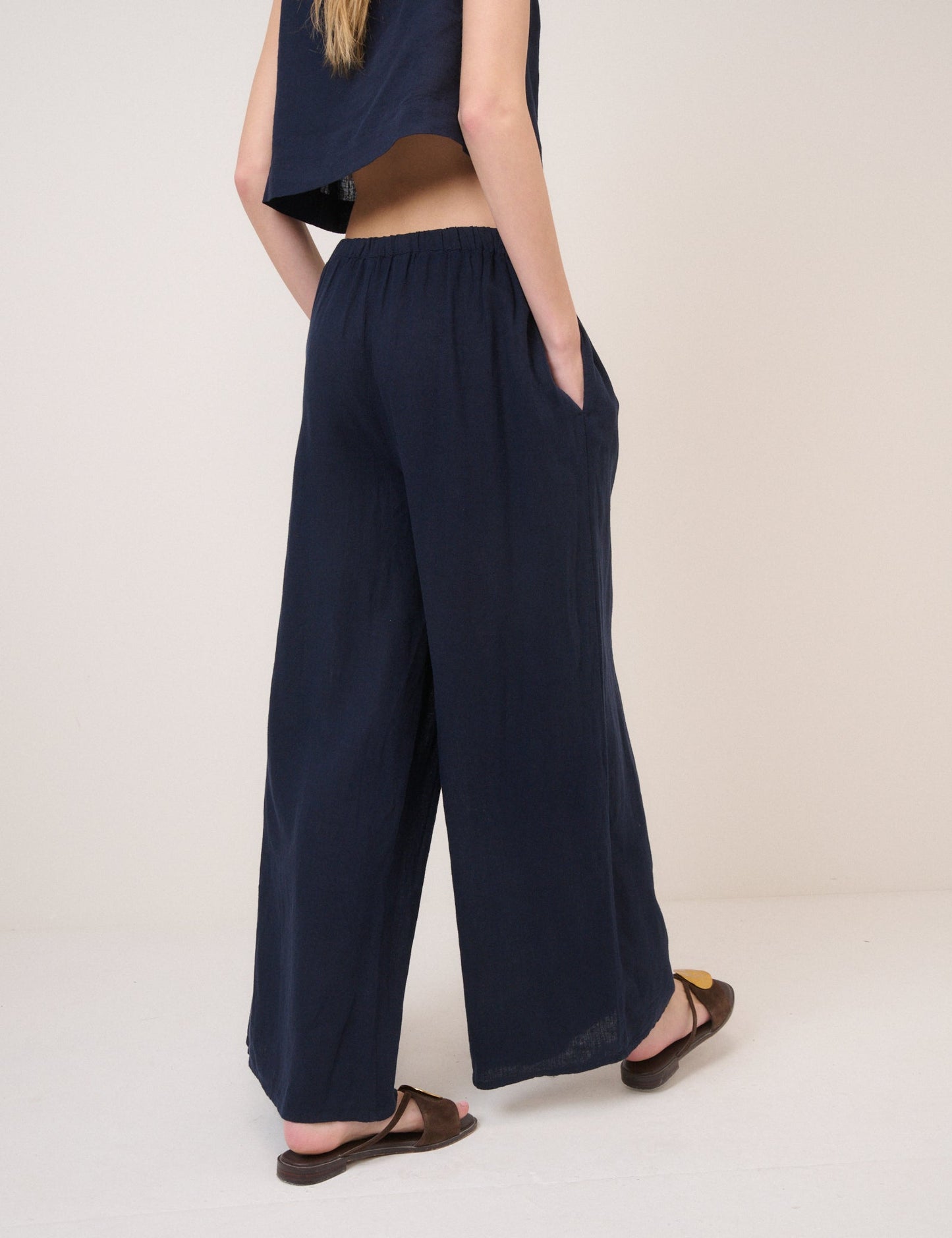 Navy Linen-Blend Wide Leg Jerrow Trousers