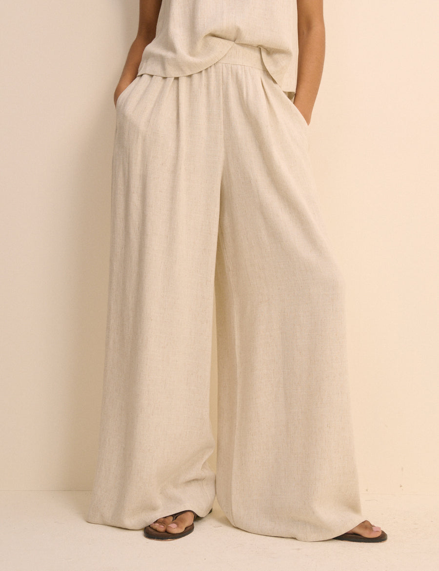 Stone linen-blend high-waisted trousers.