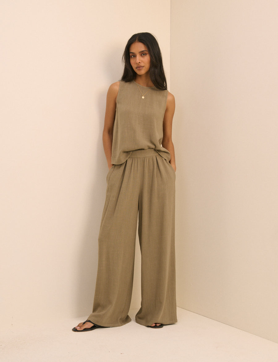 Khaki linen-blend high-waisted trouser.