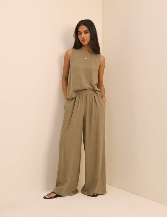 Khaki linen-blend high-waisted trouser.