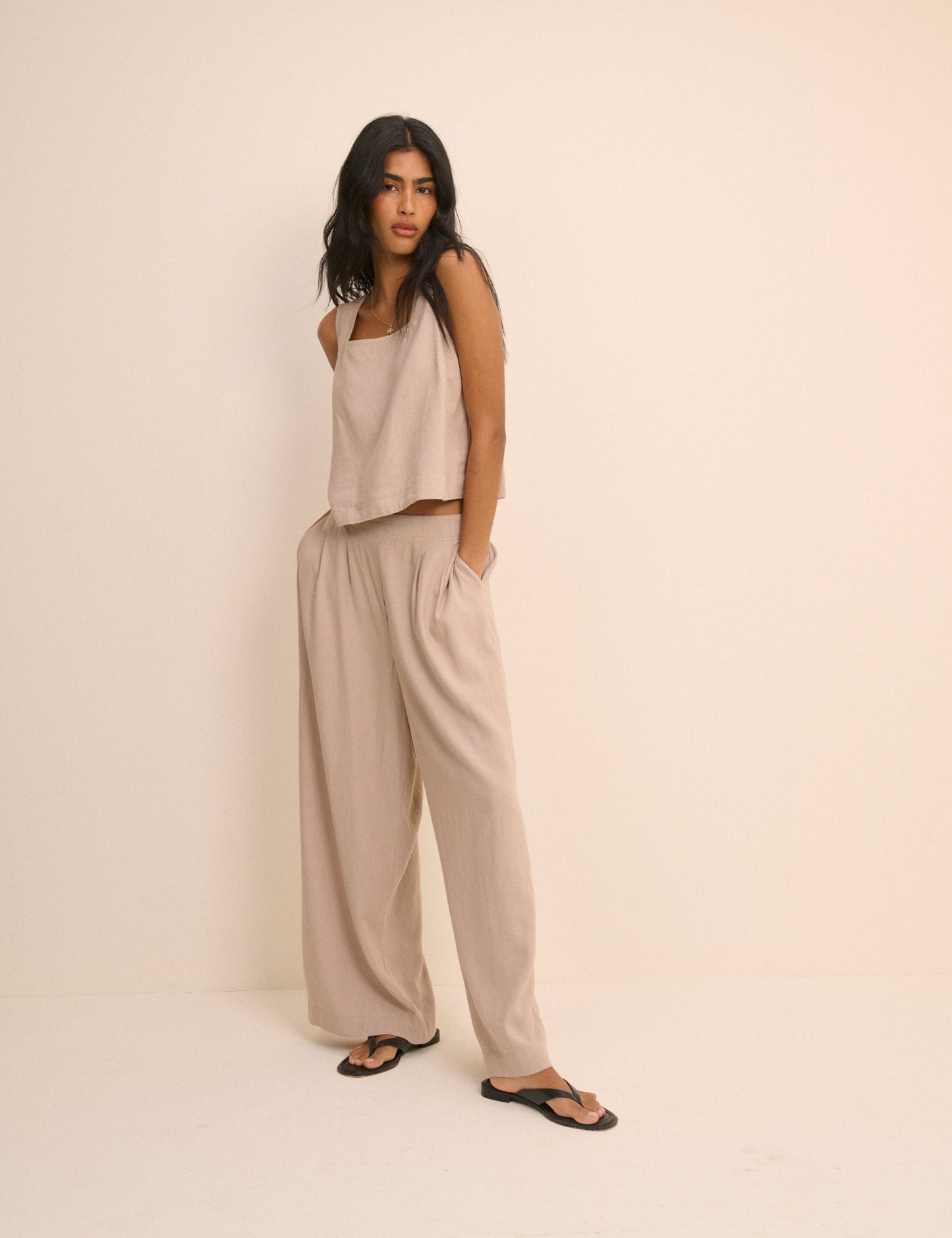 Beige Linen-Blend Swing Top